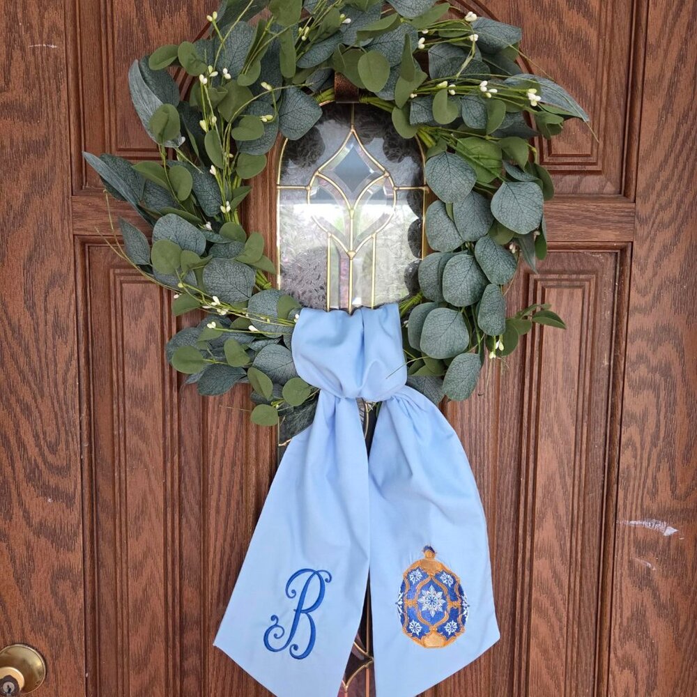Blue Faberge Egg Wreath Sash--$40